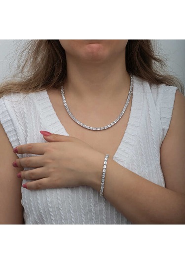 Blackcraft Gümüş Beyaz Taşlı Su Yolu Kadın Set Bc-68a809 Beyaz