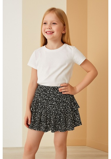 Kız Çocuk Siyah Çiçek Desenli Kat Kat Fırfırlı Mini Etek, Kız Çocuk Etek Siyah