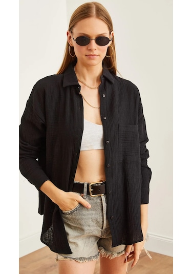 Kadın Oversize Basic Cepli Müslin Gömlek Siyah