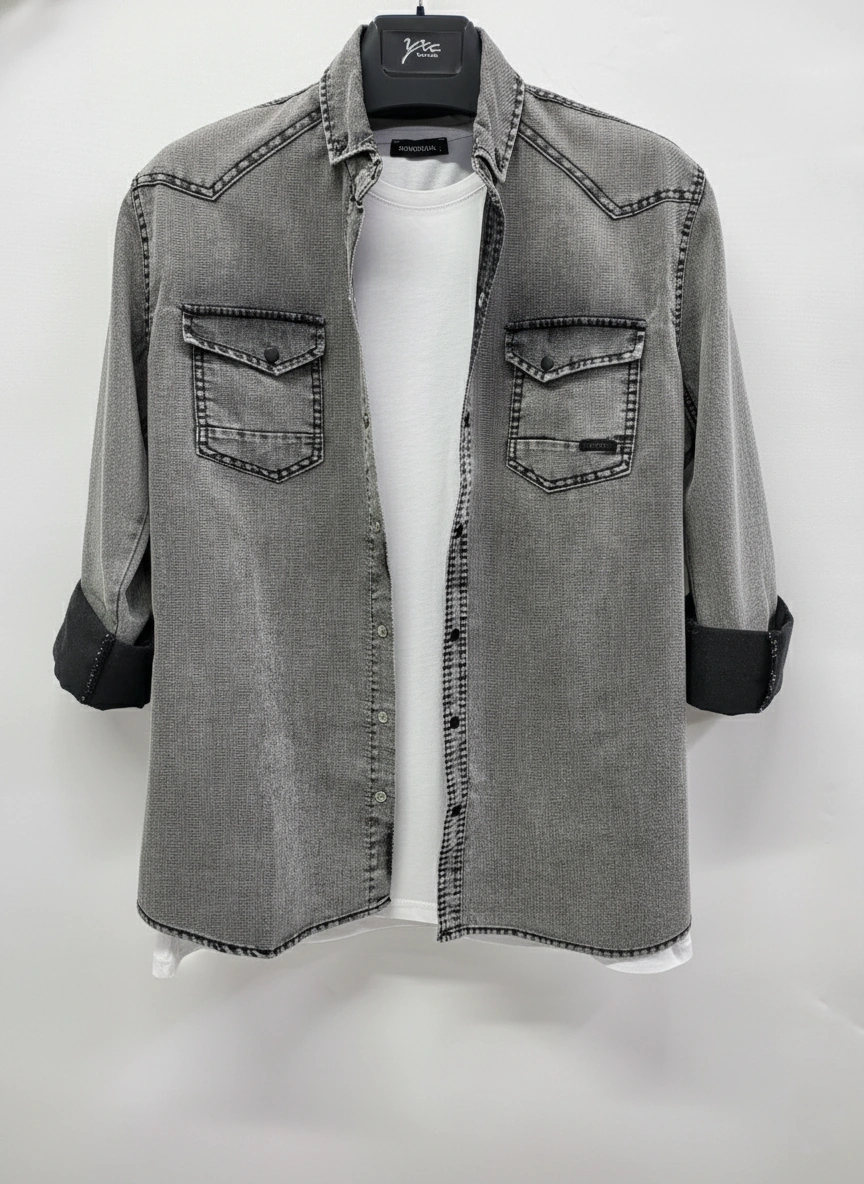 Erkek Gömlek Slim Fit Yıklamalı Kot Gömlek Gri