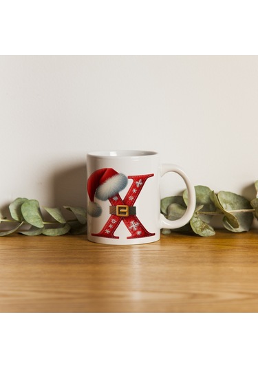 X Harfi Yılbaşı Temalı Bardak 330 Ml Harfli Kişiye Özel Hediye - Yeniyıl / Noel Şapka Tasarım Beyaz