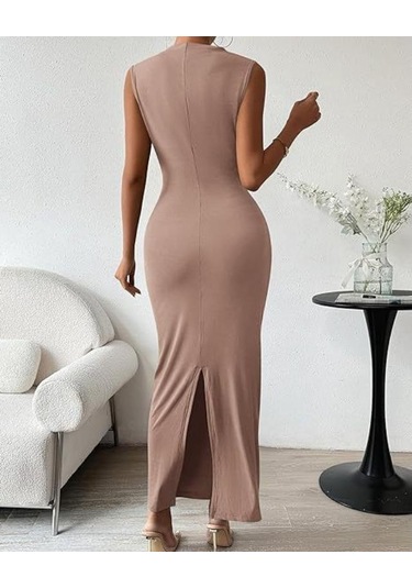 Yaz Kadın Elbisesi Kolsuz Sırt Yırtmaçlı Pileli Dar Elbiseler Siyah