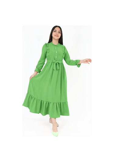 Kiz Cocuk Uzun Elbise Aerobin Keten Kumaş Tesettüre Uygun Uzun Boydan Elbise Erik Yeşili