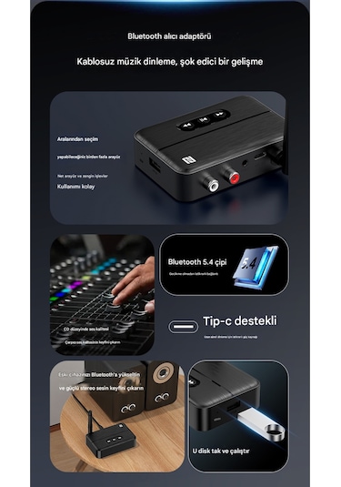 Antenli Bluetooth Adaptör Bluetooth 5.4 Receiver Aux Usb Rca Wireless Araç Hoparlör Bluetooth Kiti