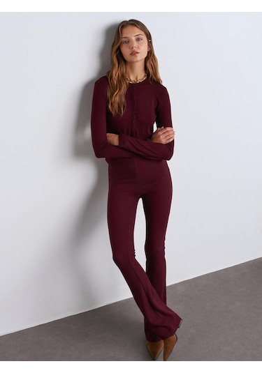 31544 Düğmeli Uzun Kollu Top-bordo-11369 Bordo
