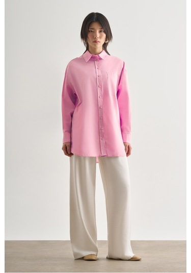 Mizalle Premium Saf Pamuk Pembe Oversize Gömlek Pembe