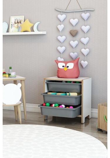 3 Sepetli Çok Amaçlı Oyuncak Dolabı Mdf Gri Gri