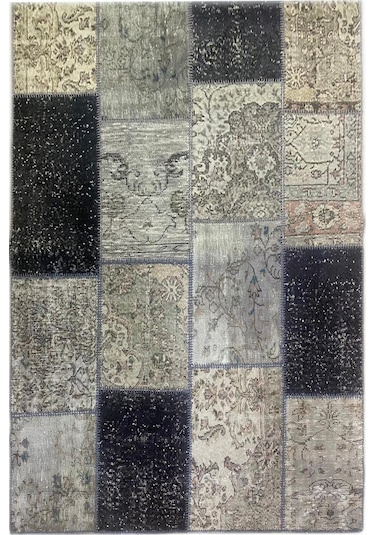 Çam Halı PW489 Gri Siyah El Dokuma Patchwork Yün Halı