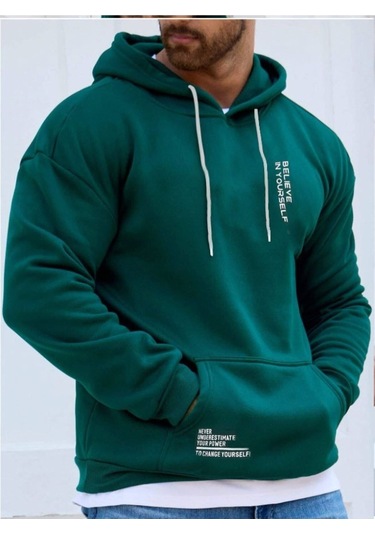 Erkek Bebe Mavi Believe Baskılı Oversize Kapşonlu Sweatshirt Believesweatshi