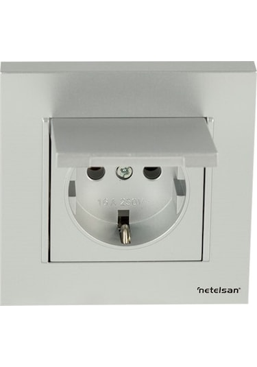 Netelsan Byobu Gümüş Kapaklı Topraklı Priz Çerçeveli