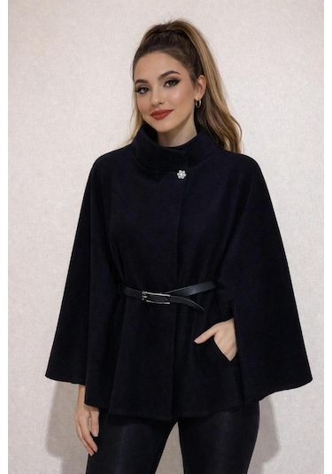 Butik Siyah Kemerli Kaşe Panço