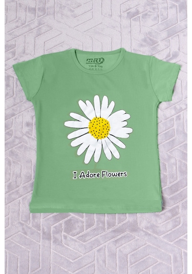 Hçm Kız Çocuk Tshirt Papatya Baskılı Bisiklet Yaka D26 Yeşil