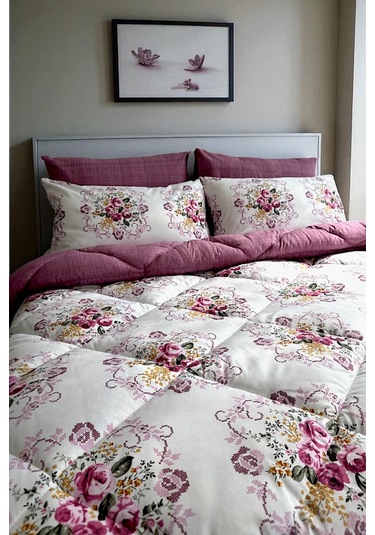 Alla Turca Çift Kişilik 4 Yastık Kılıflı Lastikli Çarşaflı Çift Taraflı Desenli Uyku Seti-kanaviçe Gül Kurusu Gülkurusu