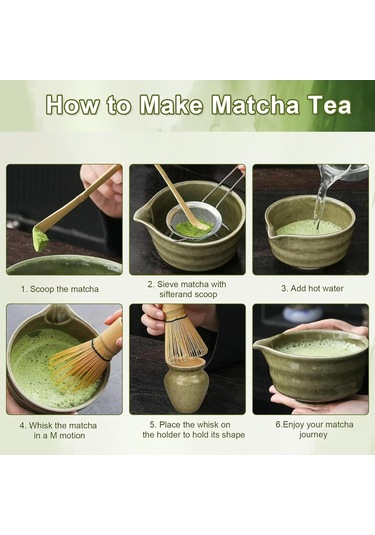 Wezone Geleneksel Matcha Hazırlama Seti - Bambü Çırpıcı, Ölçü Kaşığı Ve Seramik Kase İle Pürüzsüz Köpüklü İçim Yeşil