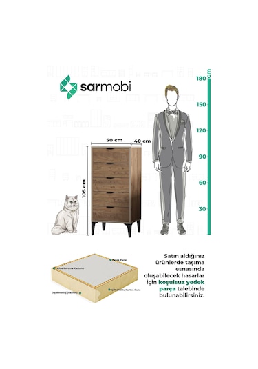 Sarmobi Arden 5 Çekmeceli Şifonyer , Çamaşırlık Kahverengi