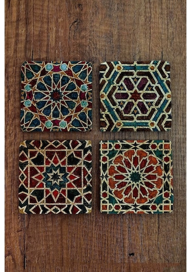 Doğal Taş Bardak Altlığı 4'lü Set 10x10x1 Cm Geometrik Desenli - Stone Coasters Çok Renkli