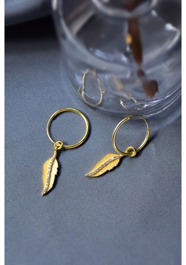 925 Ayar Gümüş Gold Kaplama Zirkon Taşlı Tüy Halka Küpe