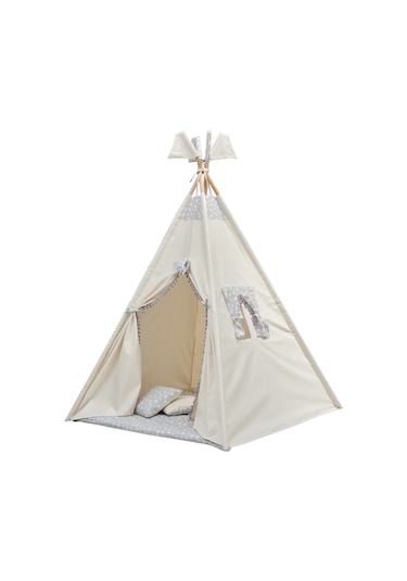 Exorbaby Lüks, Büyük Boy, Ahşap ve Pamuklu Naturel Kumaş, Toplanmaz, Devrilmez, Puf Minderli Oyun Çadırı Gri