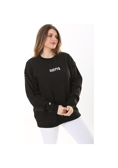 Kadın Büyük Beden Siyah Pamuk Kumaş Nakış Yazılı Sweatshirt 65n37616-siyah Siyah