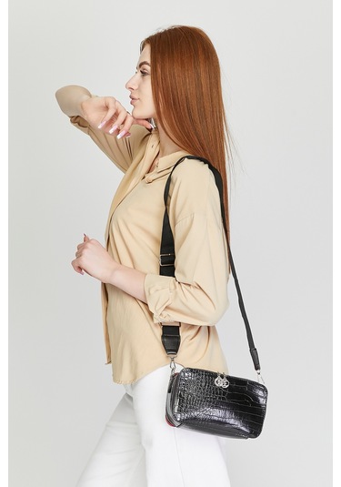 Morpelikan Siyah Kroko İki Bölmeli Kadın Omuz Çantası Siyah