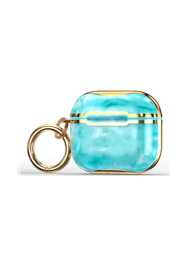 Mermer Doku Galvanik Çerçeve Kulaklık Koruyucu Kılıf Airpods Uyumlu 3 Yeşil + Altın İçin Kanca İle Yeşil