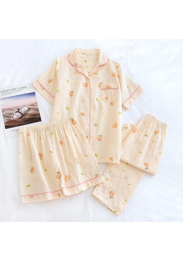 Pamuklu Pijama Kadın 3 Adet Set Baskılı Moda Saf Pamuk Çift Katmanlı Gazlı Bez Şort/uzun Pantolon Pijama Sarı