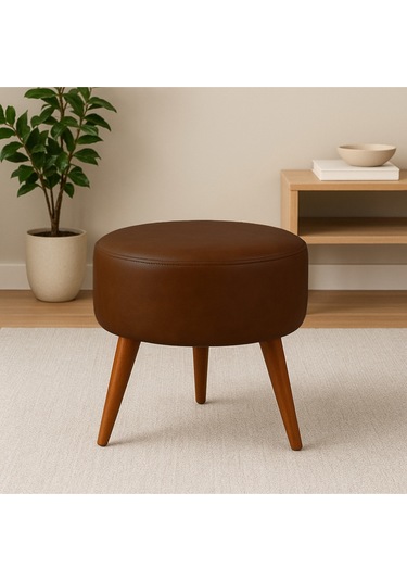 Acı Kahve Deri Puf Demonte Ayaklı Modern Oturma Ve Dekoratif Sehpa Acı Kahve
