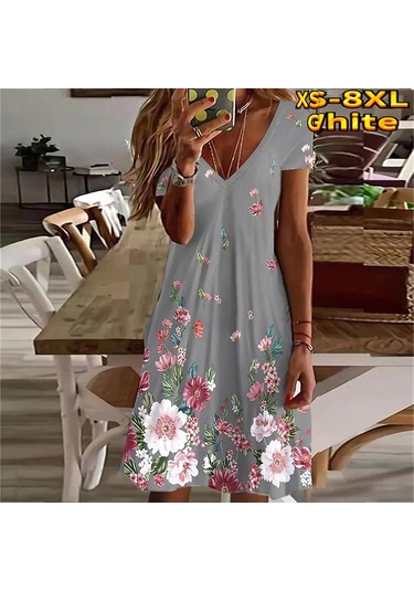 Beyaz Yaz Moda V Yaka Elbise Bayanlar Kısa Kollu Kırmızı Çiçekler Baskılı Elbise Gevşek Gündelik Elbise Kadınlar İçin Beyaz