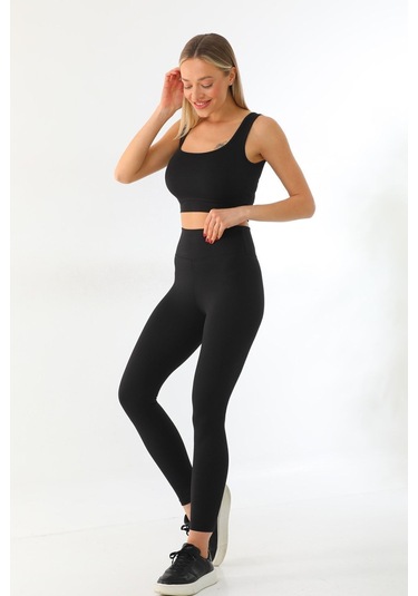 Kallima Siyah Toparlayıcı Yüksek Bel Fitilli Spor Tayt-crop Takım