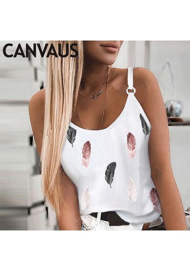 Mavi Yeni Kadın Moda Yaz Rahat Tüy Baskı Spagetti Sapanlar Kolsuz Tank Tops