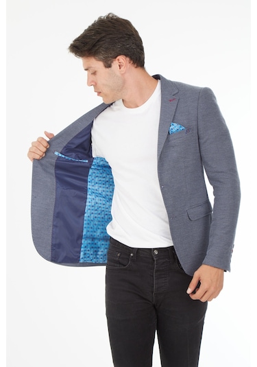 Sposo 5136 Dar Kalıp Örme Kumaş İndigo Erkek Blazer Ceket İndigo