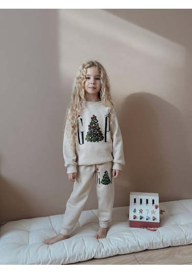 Kız Çocuk Yılbaşı Temalı 3 İplik Eşofman Takımı Ekru