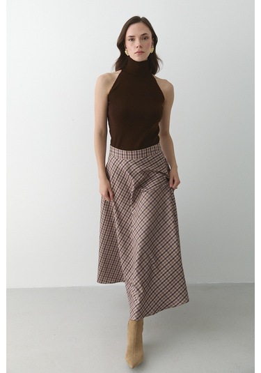 Kahverengi Ekoseli Etek Kahverengi