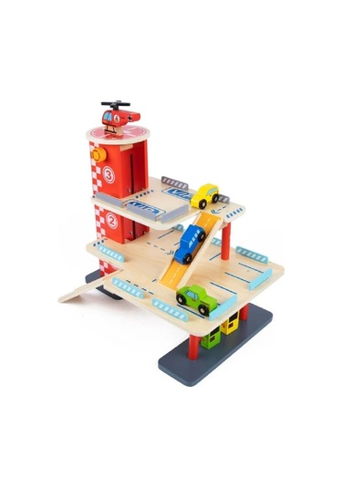 Ahşap Otopark Arabalar Asansörlü Helikopterli Garaj Oyun Seti