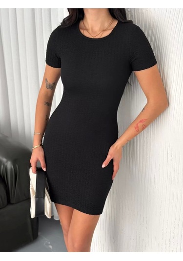Kadın Bisiklet Yaka Kısa Kol Likralı Elbise - Siyah Siyah