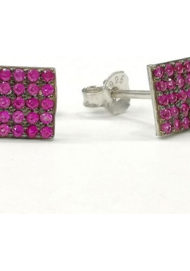 Omar Silver Kadın Kare Fuşya Zirkon Taşlı Çivili Gümüş Küpe Omr75