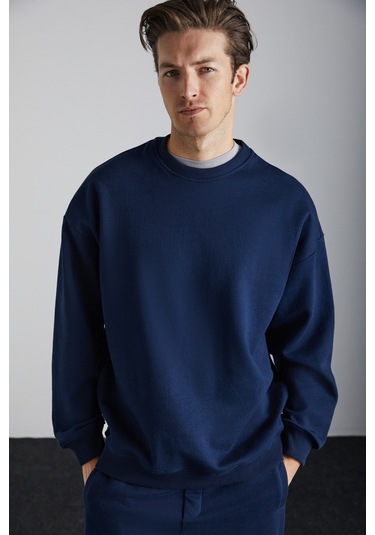 Grımelange Travıs Erkek Organik Kumaşlı Yumuşacık Regular Fit Yuvarlak Yakalı Koyu Lacivert Sweatshi Koyu Lacivert