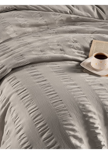 Seersucker Çift Kişilik Nevresim Takımı Bej Kutulu Bej