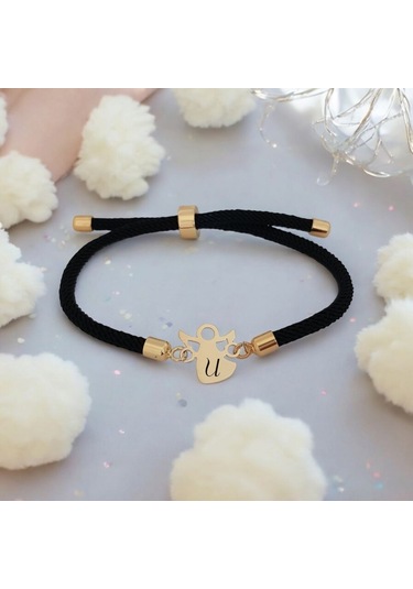 U Harfine Özel Mevlana Motifli Örgü İpli 14 Ayar Altın Plakalı Hediye Bileklik-319harf-siyah Altın