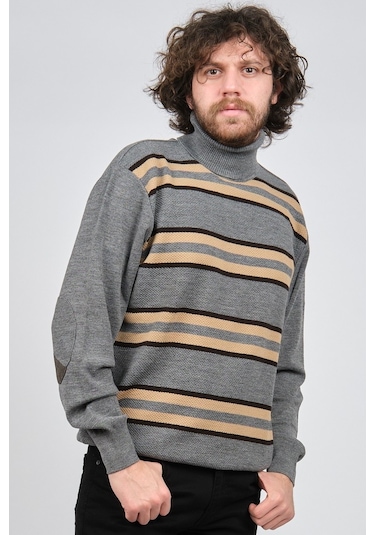 Mısırlı Erkek Tam Balıkçı Çizgili Yün Kazak 3869077 Gri Gri