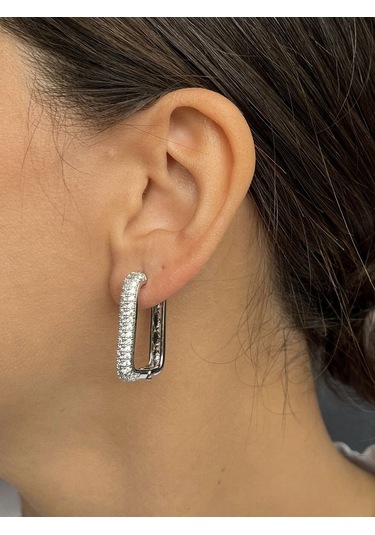 Gümüş Renkli Taşlı Dikdörtgen Küpe