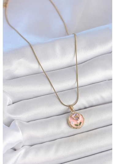Zarif Kadın İçin Golden Çelik Zincir Pembe Mini Çiçek İnci Portre Kolye Metalik