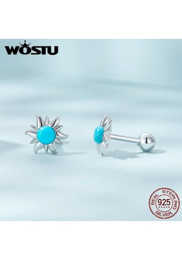 Wostu 925 Ayar Gümüş Minik Güneş Saplama Küpeler Kadınlar İçin Trendy Güzel Düğün Takısı Mavi Turkuaz Piercing Küpe