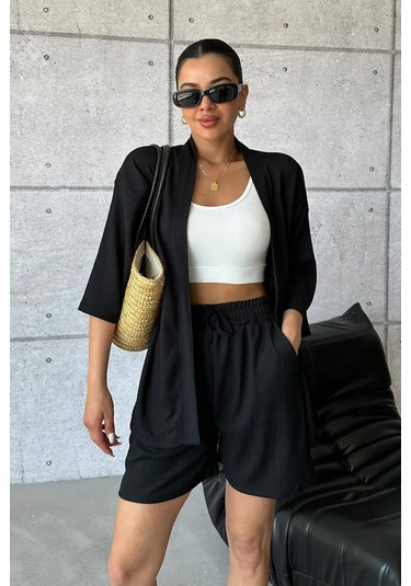 Kadın Siyah Kimono Gömlek Şort Alt Üst Takım
