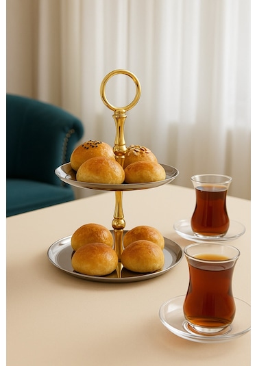2 Katlı Yuvarlak Paslanmaz Çelik Sunumluk,kurabiyelik,makaronluk,söz,nişan Masa Aksesuarı,çeyizlik Gold