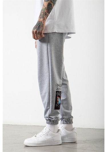 Altamira Unisex Gri Kelebek Baskılı Paça Lastikli Oversize Eşofman 001