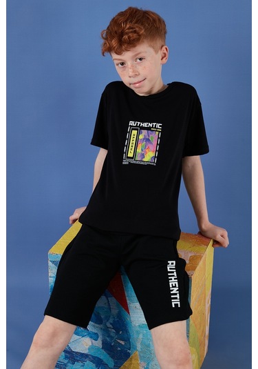 Lela Pamuklu Regular Fit Bisiklet Yaka Şortlu Alt-Üst Erkek Çocuk Takım 6212011 Siyah