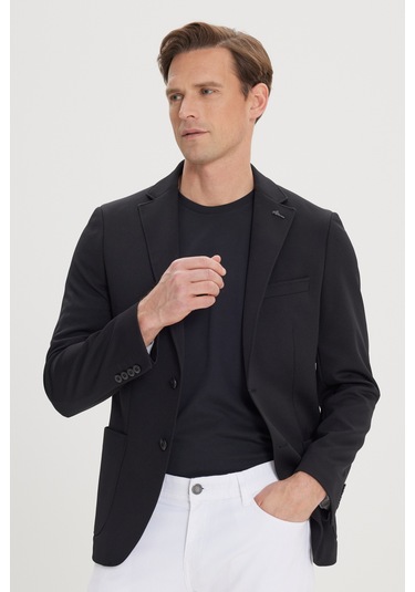 Ac&Co / Altınyıldız Classics Erkek Sıyah Slim Fit Dar Kesim Mono Yaka Casual Ceket Sıyah Siyah