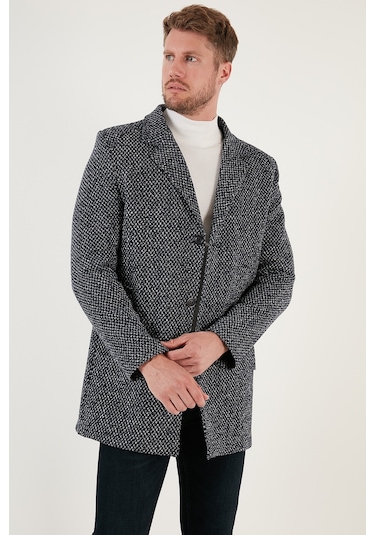 Buratti Çıkarılabilir Kapüşonlu Kırçıllı Slim Fit Kaşe Erkek Kaban 5841013 Lacivert Noktalı