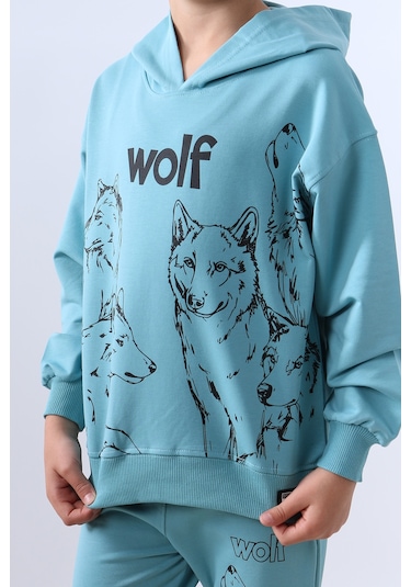 Erkek Çocuk Kapşonlu Eşofman Takımı 4 Mevsim Wolf Baskılı Ribanalı F12 Mavi